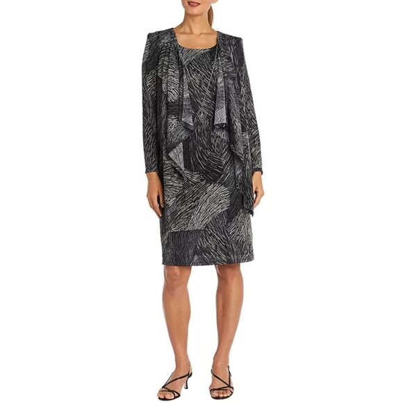 R&M Richards Size 8 Gray Black 2 PC Knee-Length Dress Jacket Set Long Sleeve NWT - Picture 1 of 16